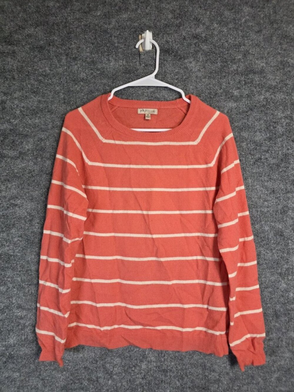 Philosophy Cashmere Sweater Womens M Pink Stripe 100% Cashmere Crewneck Stains